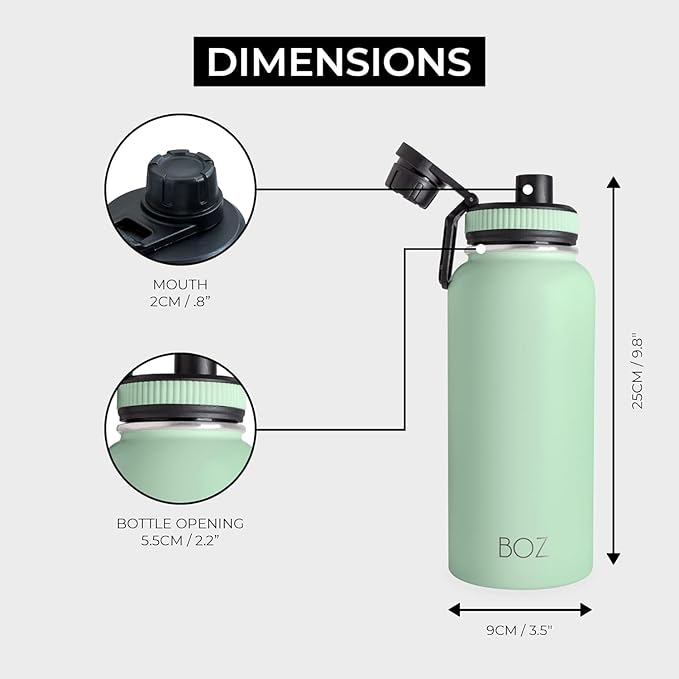 BOZ Stainless Steel Water Bottles 2 Pack Bundle - Pink Water Bottle + Green Water Bottle - Vaccum Insulated Water Bottles 32 Oz - Wide Mouth BPA Free Sport Water Bottles for Gym with Spout Lid