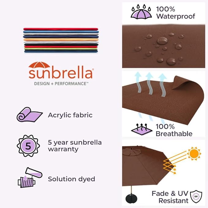 Midtown Umbrellas Led Swilt Sunbrella Umbrella 9 Ft Patio Umbrella With Sunbrella Bay Brown Acrylic Fabric - Deck Patio Umbrella, Backyard Umbrella, Garden Umbrella & Pool Umbrella - Black Pole