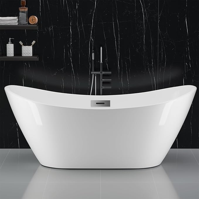 59''Acrylic Freestanding Bathtub, Deep Soaking Tub with Non-Slip Base, CUPC Certified Free Standing Tub, Chrome Drain Bath Tub, Modern Tub for Bathrooms, White
