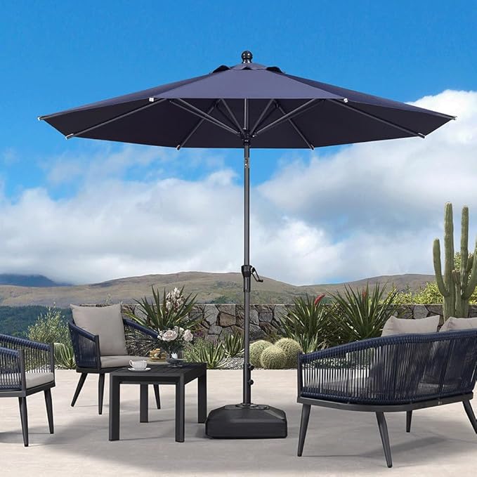 PURPLE LEAF 10' Round Patio Umbrella Outdoor Table Umbrella Aluminum Frame Market Umbrella Sun Umbrella with 8 Sturdy Ribs Tilt for Garden Deck Lawn Pool Navy Blue