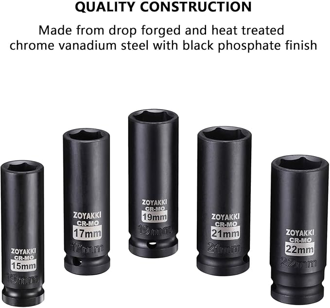 1/2" Drive Deep 6-Point Impact Socket Set, 5-Piece Standard SAE Spindle Axle Nut Impact Socket Set, Cr-Mo,6 Point (15-17-19-21-22mm) Size,Wheel Lug Nuts Socket