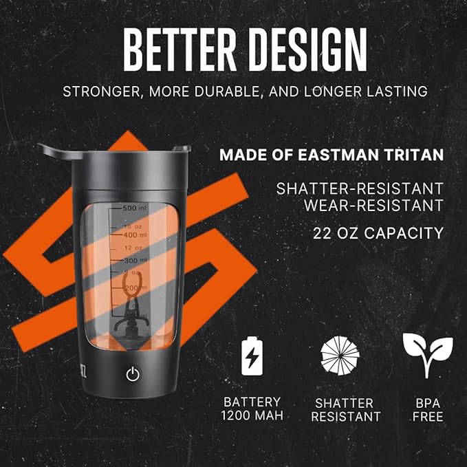 SQUATZ 22 Oz Electric Shaker Bottle - Rechargeable Automatic Protein Shake Blender Flask, Leak-proof & Easy to Clean, Smooth Drink in 15 Seconds, Ideal for Gym Shakes, Coffee, Milkshakes (Black)