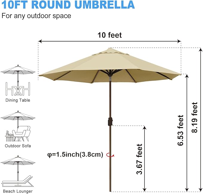 Eurmax USA 10-Year-Non-Fading 10Ft Market Umbrella Outdoor Patio Umbrella Table Umbrella with 8 Ribs,Hand Crank and Ventilation (Sand)