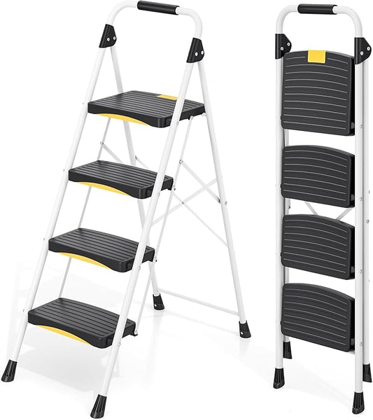 4 Step Ladder, Folding Steel Step Stool with Safety Lock, Anti-Slip Wide Pedals, Pass 800lbs Load Testing, Handrail, Heavy Duty Portable Ladder for Multi-Purpose, Indoor, Office, Kitchen