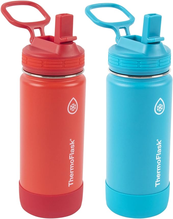 ThermoFlask 16 oz Double Wall Vacuum Insulated Stainless Steel 2-Pack of Water Bottles, Red/Blue
