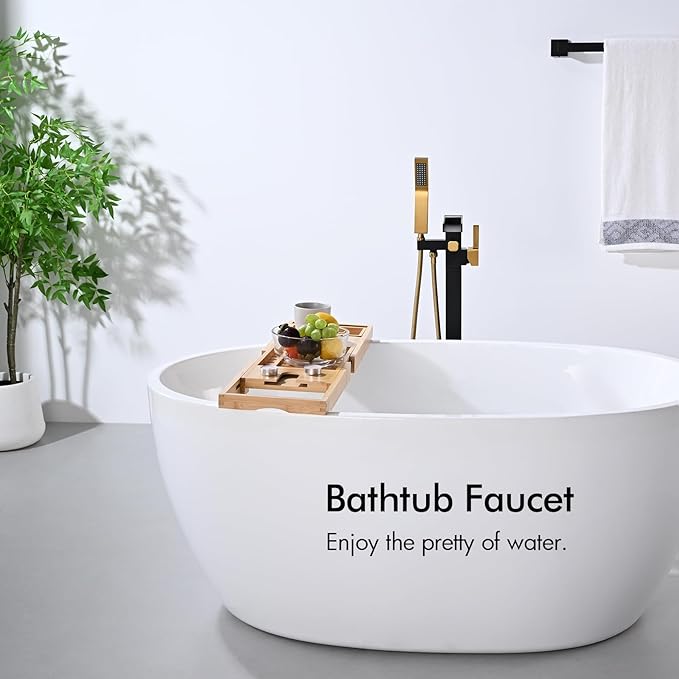 BAGNOLUX Solid Brass Floor Mount Bathtub Faucet Free Standing Tub Faucet Freestanding Tub Filler Black Gold High Flow Rate Swivel Spout with Hand Shower, ‎YGSLT-Waterfall Black+Gold