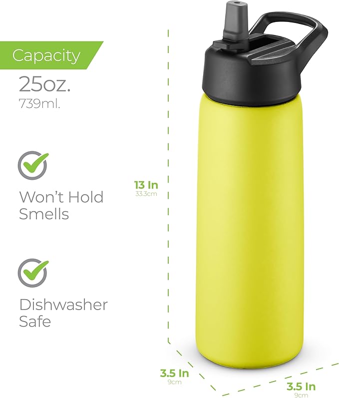 SipX™ Triple-Insulated Stainless Steel Water Bottle 25oz. With 3 Lids, BPA-Free Reusable Insulated Water Bottle Keeps Cold 24 Hours, Metal Water Bottle Made Of Sustainable Material For Hiking & Biking