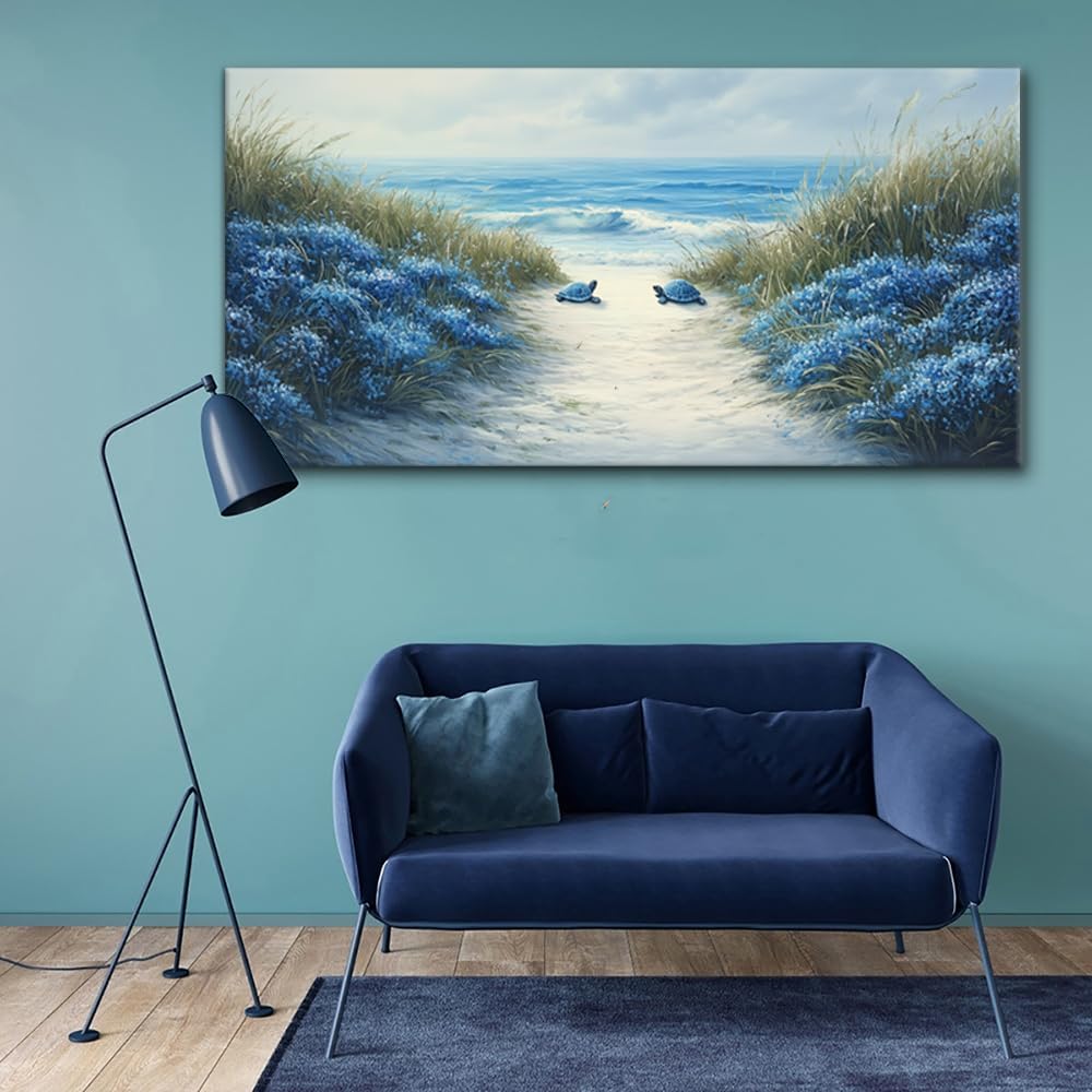 LASMOND Romantic Beach Wall Art for Living Room Blue Sea Turtle Lovers Canvas Painting Prints Ocean Sandy Romance Flowers Large Bedroom Office Decor Artwork (46x23 Inches)