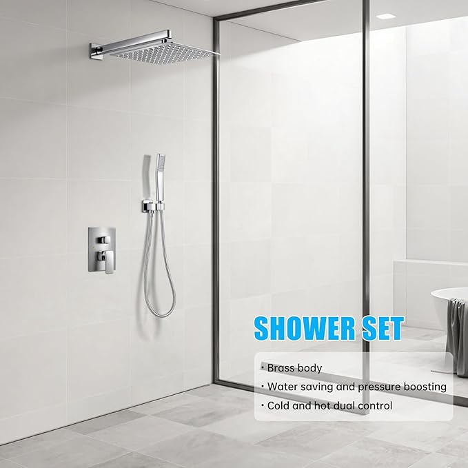 Rainfall Bathroom Shower System, 12-Inch Rain Shower Head and Handle Set, Wall Mounted Dual Shower Combo, All Metal Decorative Shower Luxury Kit Nickel-plated (with Shower Valve)