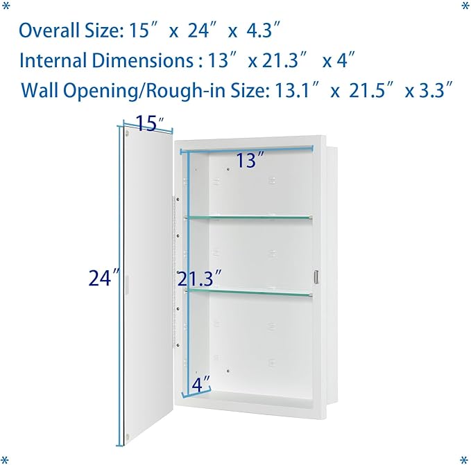 Bathroom Medicine Cabinet with Beveled Edge Mirrored Door 15 x 24 inch, Recessed or Surface Mount, with Adjustable Glass Shelves