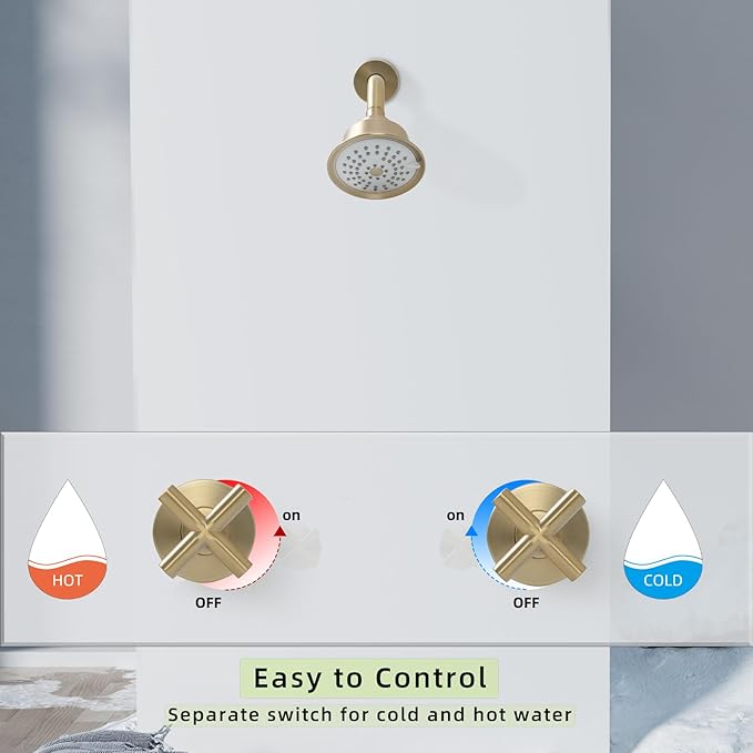2 Handles Shower Faucet Set,Tub and Shower Trim Kit with Rough-in Valve,Wall Mounted 2 Knobs Single Function Shower Faucet,Brushed Gold,1A4MK