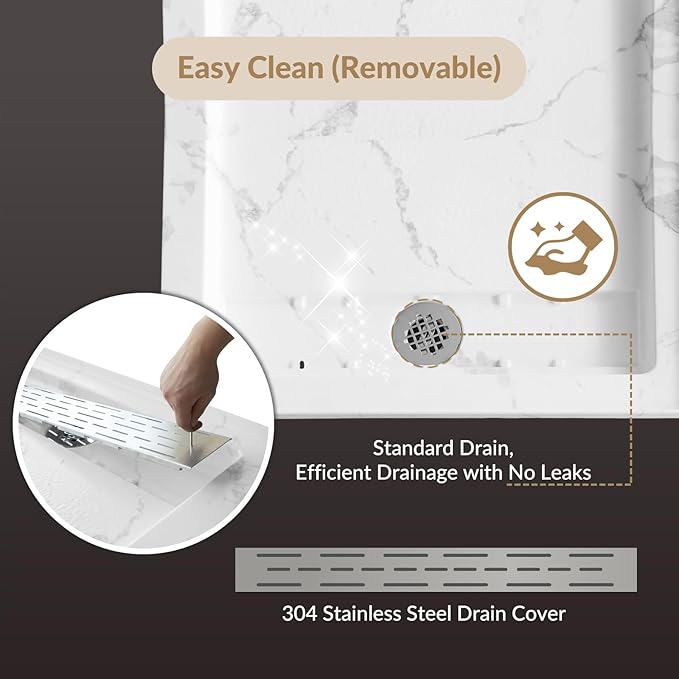 MORVANO 60 x 32 Shower Base with Single Threshold Rectangular Right Drain Location Shower Base,Shower Pan With Stainess Steel Cover,Marble White Acrylic Shower Base