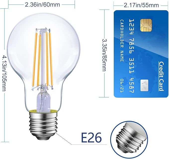 E26 LED Light Bulbs,40 Watt Equivalent,4000K Daylight Classic Clear Glass A19 LED Filament Bulb Non-Dimmable,Pack of 6