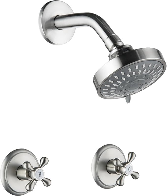 2 Handle Shower Faucet, Two Handles Shower Faucet Set with 5 Modes Rainfall Shower Head 2 Knobs Single Function Shower Trim Kit with Brass Rough-in Valve, Brushed Nickel