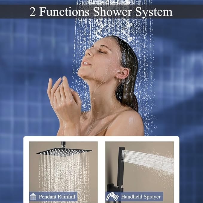 16 Inch Matte Black Ceiling Mount Shower System Bathroom Luxury Rain Mixer Shower Combo Set Ceiling Rainfall Shower Head System Faucet Contain Rough-in Valve and Trim Included