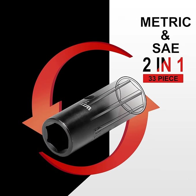 Impact Socket Set, 33-Piece, 3/8" Drive Socket Set with 72 Teeth Reversible Ratchet Wrench, CR-V, 6 Point, SAE/Metric, 5/16 Inch - 7/8 Inch, 6mm - 24mm, Mechanic Tool Kits for Men