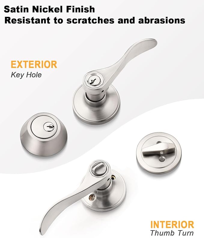 Keyed Alike Front Door Exterior Door Lever Lockset with Single Cylinder Deadbolt Combination Set, Door Knob with Lock and Deadbolt, Satin Nickel Finished, 1Pack