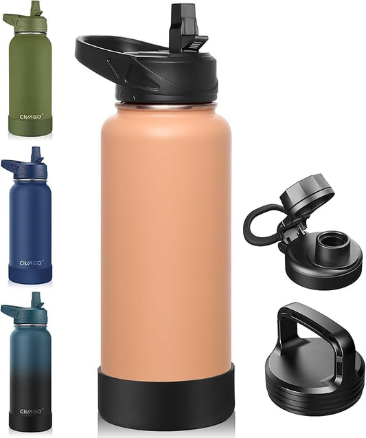 CIVAGO 32 oz Insulated Water Bottle With Straw, Stainless Steel Sports Water Flask Cup with 3 Lids (Straw, Spout and Handle Lid), Double Walled Travel Thermal Canteen Mug, Brown