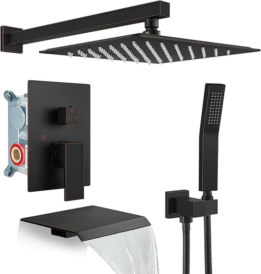gotonovo Rain Shower Faucet System Set Rainfall Shower Head with Handheld Sprayer Waterfall Tub Spout Wall Mounted Mixer Combo Rough-in Valve and Trim Included 12 Inch Showerhead Oil Rubbed Bronze