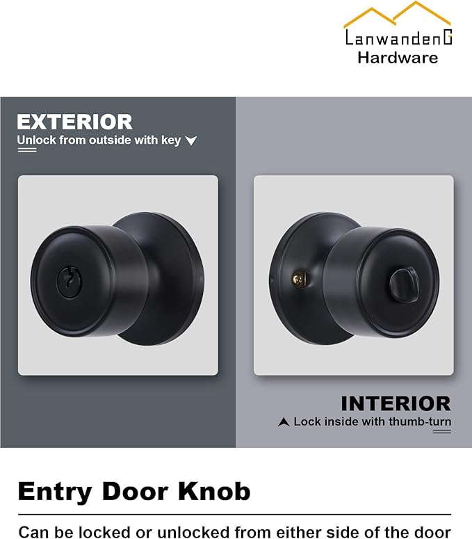 Lanwandeng Keyed Entry Door Knob with Lock, Interior and Exterior Door Lock, Matte Black Entrance Door Lock with Screwdriver