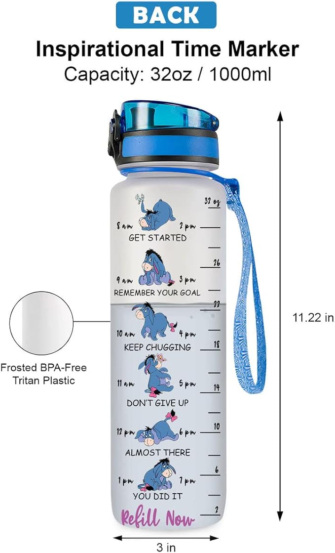 Stop Slacking Drink Your Water 32 Oz Water Track Bottle, Donkey Water Bottle With Time Marker, Movie Water Bottles, Motivational Insulated Water Bottle, Blue
