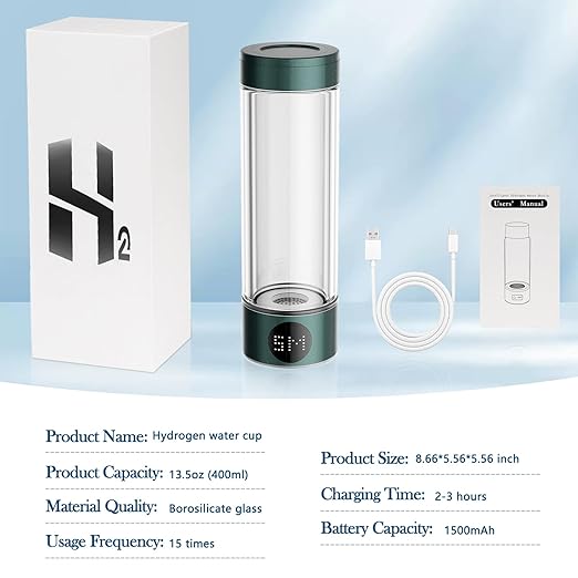 Hydrogen Water Bottle 13.5 OZ (400ml) Portable Hydrogen Water Ionizer Machine with SPE PEM Technology LED Display Hydrogen Water Generator for Home Travel Office Exercise