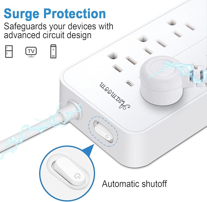25FT Surge Protector Power Strip Extension Cord with USB C, Asamoom Flat Plug Power Strip with Long Cord, 8 Outlets and 4 USB Port,1700J Surge Protector for Home Office White, ETL Listed