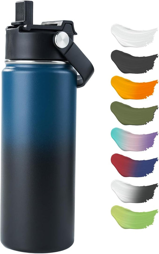 Kerilyn Stainless Steel Insulated Water Bottle, 18oz Double Wall Vacuum Insulated Water Bottle Leak Proof with Silicone Straw, Wide Mouth Lid, BPA Free, Keep Cold and Hot, 18oz, Blue Gradient