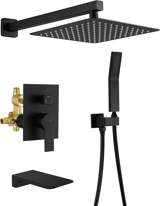 SHAMANDA Shower System with Waterfall Tub Spout and Handheld Shower Head, 10" Rain Shower Faucet Sets Complete with Shower Round-in Valve and Trim Wall Mount, Matte Black, L1010-7