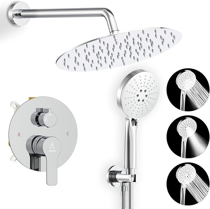 Shower Faucet Set 12IN Brass Rough-In Valve Body Trim Kit Rainfall Included Handle Accessories Complete 2 Functions with Rain Head and Handheld Bathroom Systems (12'', Chrome Polished)