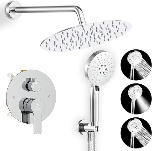 Shower Faucet Set 12IN Brass Rough-In Valve Body Trim Kit Rainfall Included Handle Accessories Complete 2 Functions with Rain Head and Handheld Bathroom Systems (12'', Chrome Polished)