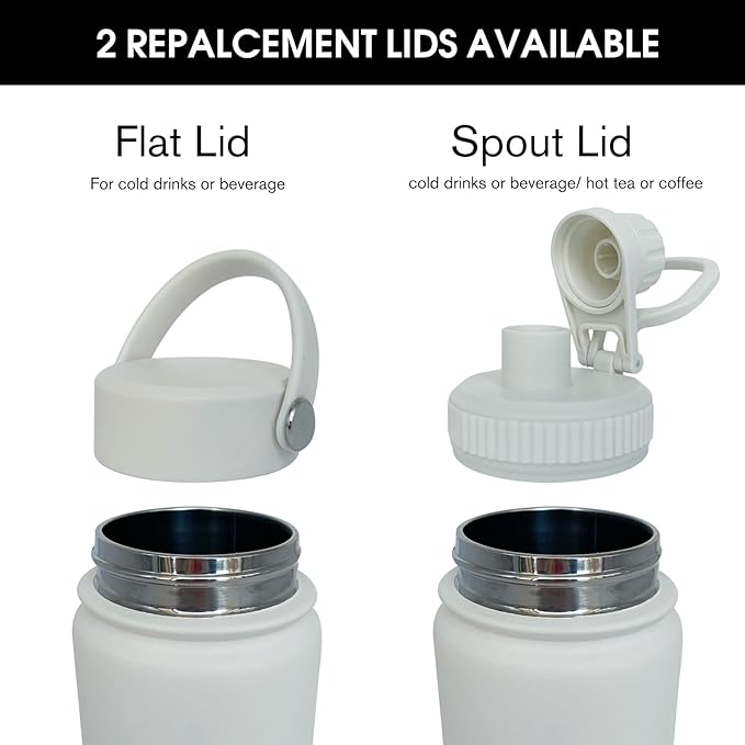22oz Insulated Water Bottle ，Stainless Steel Sports Water Cup Flask with 2 Lids, Wide Mouth Travel Thermal Mug,Outdoor Sports Bottle（white）