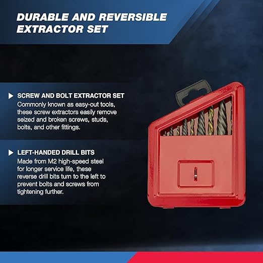 NEIKO 01925A Screw-Extractor And Left-Hand Drill-Bit Set, HSS M2 Steel Drill Bits, Alloy Spiral Flutes, Reverse Drill-Bit And Bolt Extractor, Easily Remove Stripped Screws And Broken Bolts, 10 Pieces