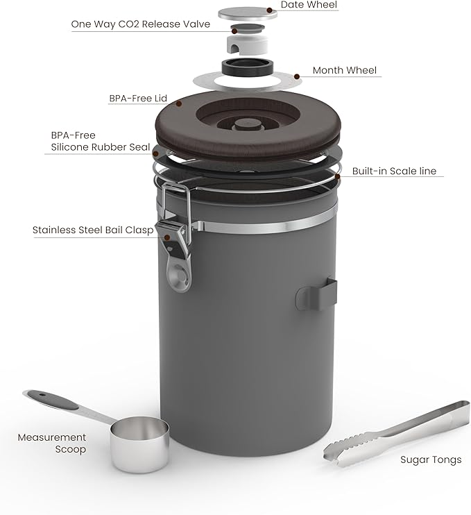 HAIOOU Airtight Coffee Canister Wood Grain [New Version], 22OZ Large Stainless Steel Coffee Bean Storage Container with Date Tracker, Measuring Scoop, CO2 Releasing Valves - Walnut and Gray