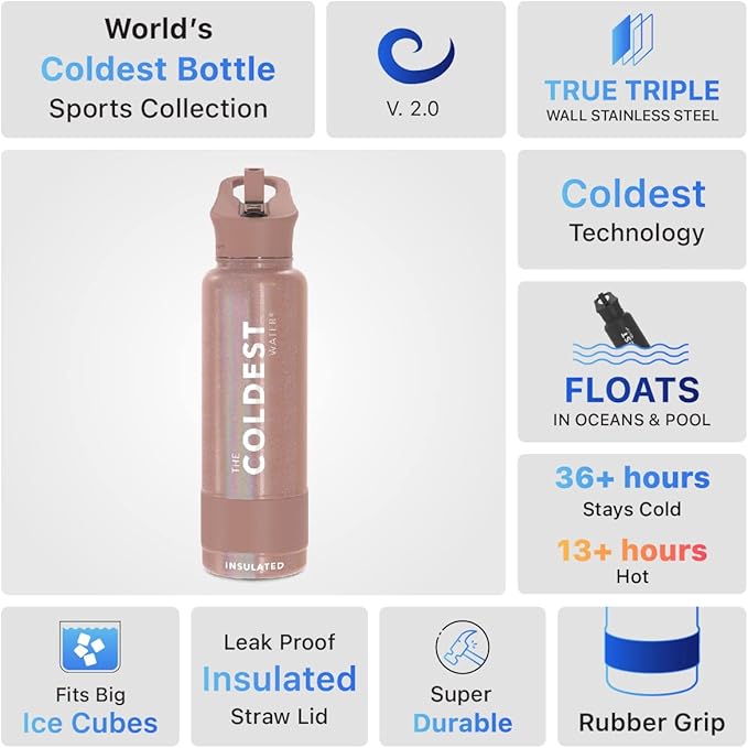 Coldest Sports Water Bottle with Straw Lid Vacuum Insulated Stainless Steel Metal Thermos Bottles Reusable Leak Proof Flask for Sports Gym (40 oz, Golden Rose Glitter)
