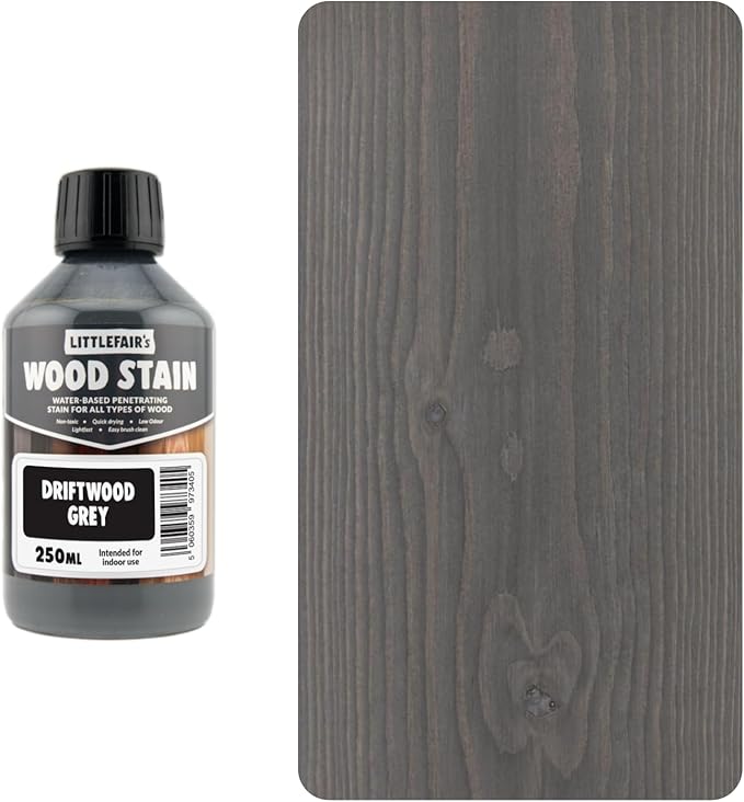 Littlefair's Wood Stain Water Based - 8.5oz/250ml - Indoor Furniture Stain Light & Dark Finishes - Special Non Toxic & Eco Friendly Formula - Wood Stain for Crafts - Color: Driftwood Grey
