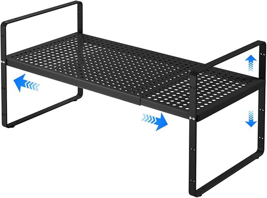 Expandable Kitchen Shelf Organizers, Kitchen Cabinet Organizer Stand Rack Organization for Countertop Cupborad Pantry, Black 1 Pack