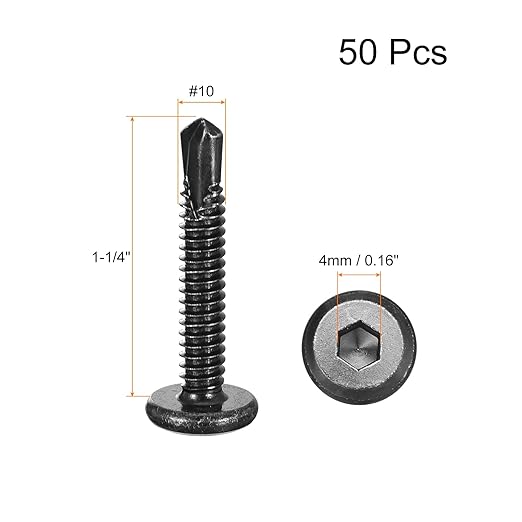 uxcell Hex Socket Self Tapping Screws, #10 x 1-1/4" 410 Stainless Steel Sheet Metal Flat Head Drilling Screw 50pcs, Black