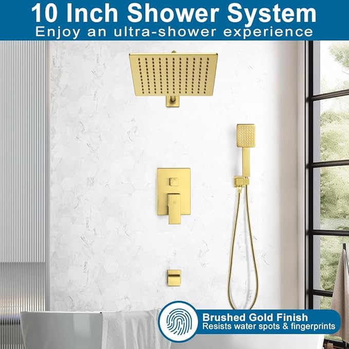 POP SANITARYWARE Shower Tub Faucet Set Brushed Gold Bathroom Rain Shower System with Tub Spout Wall Mounted Rainfall 10 Inch Thickened Shower Head and Handle Set Include Shower Valve and Trim Kit