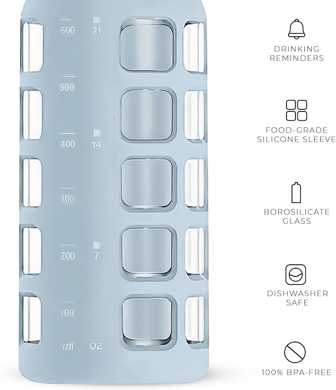 purifyou Premium 40/32 / 22/12 oz Glass Water Bottles with Volume & Times to Drink, Silicone Sleeve & Stainless Steel Lid Insert, Reusable Bottle for Fridge Water, Milk, Juice (22oz Ice Blue)