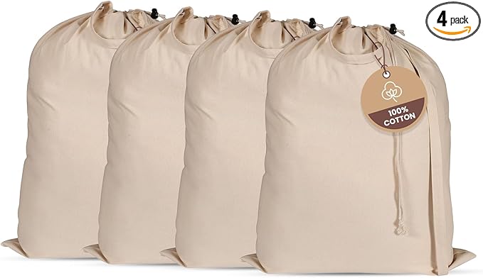 LFH Home Large Premium 100% Cotton Canvas Laundry Bag with Drawstring and Handles Heavy Duty, Multi-Use, and Washable for Home, Travel, College or Storage 28x40 (Pack of 4)-Natural
