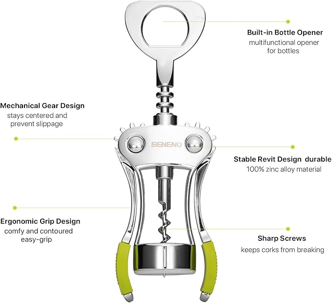 Wine Opener, Zinc Alloy Premium Wing Corkscrew Wine Bottle Opener with Multifunctional Bottles Opener, Sharp Corkscrew with Ergonomic Non-slip Wing Handle, Upgrade Green