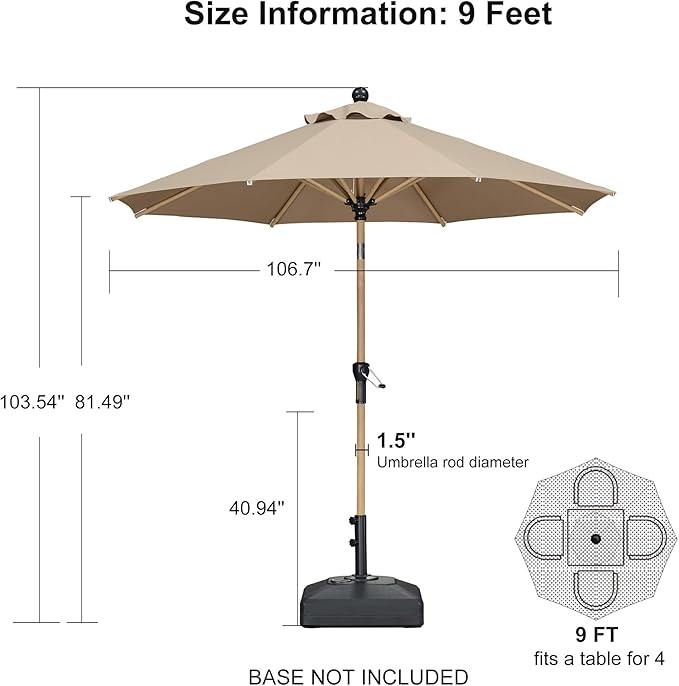 PURPLE LEAF 9 Feet Patio Umbrella Outdoor Table Umbrella Aluminum Round Market Umbrella with Push Button Tilt & 8 Sturdy Ribs and Crank Commercial Sun Umbrella for Garden Patio Balcony, Taupe