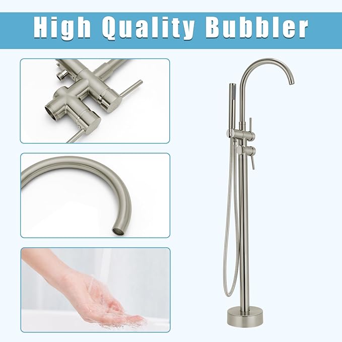 Floor Mount Bathtub Faucet，Freestanding Tub Faucet ，High Flow Dual Function 360 Degree Rotating Tube and Handheld Water Outlet (Brushed Nickel)
