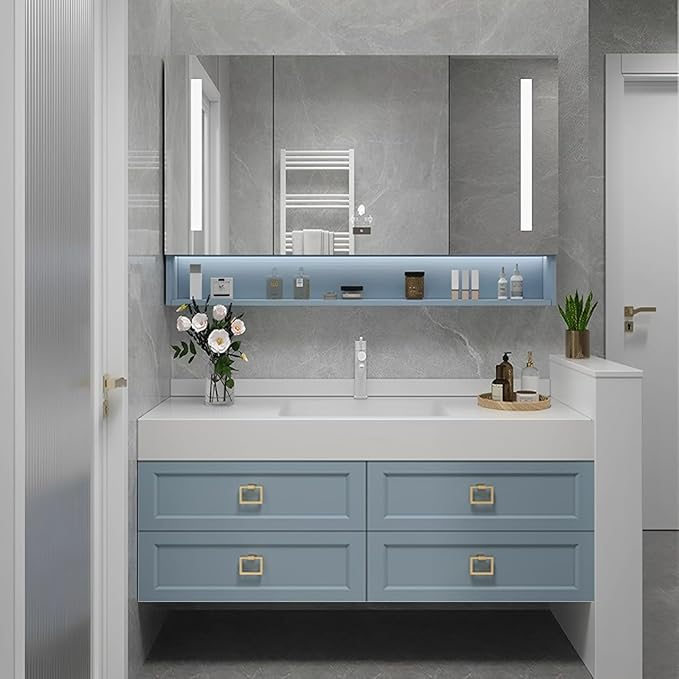 36IN Floating Bathroom Vanity - Bathroom Vanity with Sink with 6 Drawers & Multifunctional LED Mirror Cabinet | Textured Metal Handles & Large Storage Capacity & Waterproof Design, Blue
