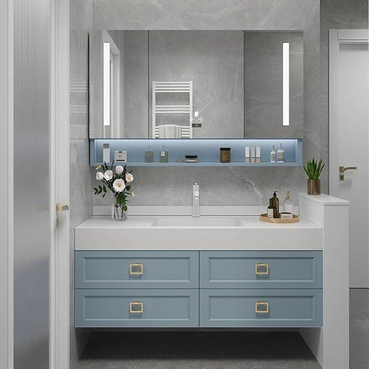 32IN Floating Bathroom Vanity - Bathroom Vanity with Sink with 6 Drawers & Multifunctional LED Mirror Cabinet | Textured Metal Handles & Large Storage Capacity & Waterproof Design, Blue