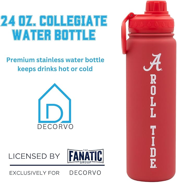 Alabama Roll Tide Water Bottle - Red Double Walled Stainless Steel 24 oz Keeps Drinks Cold or Hot