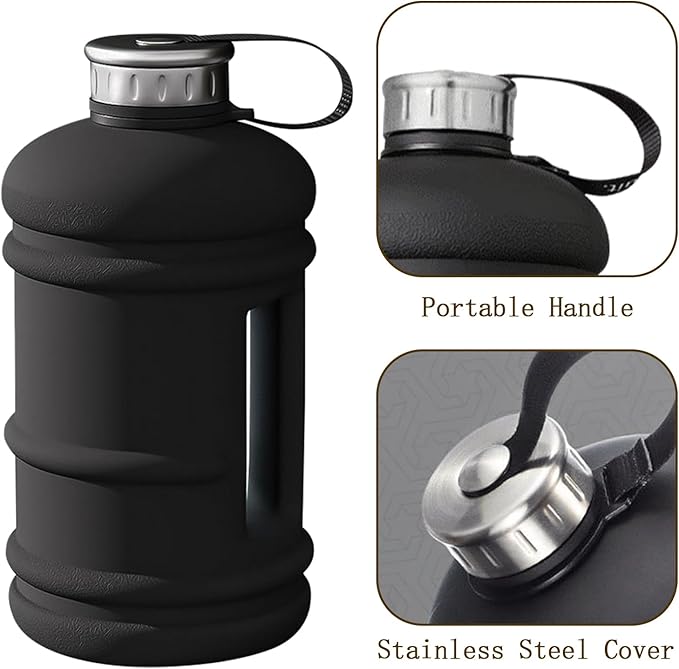 2.2L Half Gallon Water Bottle, 73 OZ Large Water Jug BPA Free PETG Plastic Reusable Drink Container with Handle, Wide Mouth Leak proof Big Sports Jug for Gym Fitness Hiking Outdoor (Black)