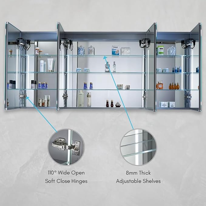 Blossom 72-Inch LED Lighted Mirror Medicine Cabinet for Bathroom, Surface or Recessed Mount Bathroom Cabinet, One Touch Built-in Defogger, Dimmer, Makeup Mirror, 3 Adjustable Glass Shelves