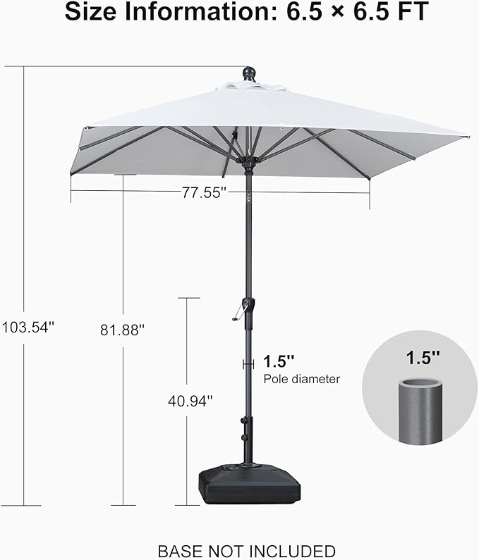 PURPLE LEAF 6.5' x 6.5' Square Patio Umbrella Outdoor Table Umbrella Aluminum Frame Market Umbrella Sun Umbrella with 8 Sturdy Ribs Tilt for Garden Deck Lawn Pool Light White